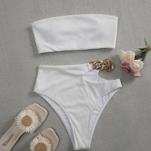 WOMEN BANDEAU 2 PIECES SET SPORTS BATHING SUIT RIBBED NEW